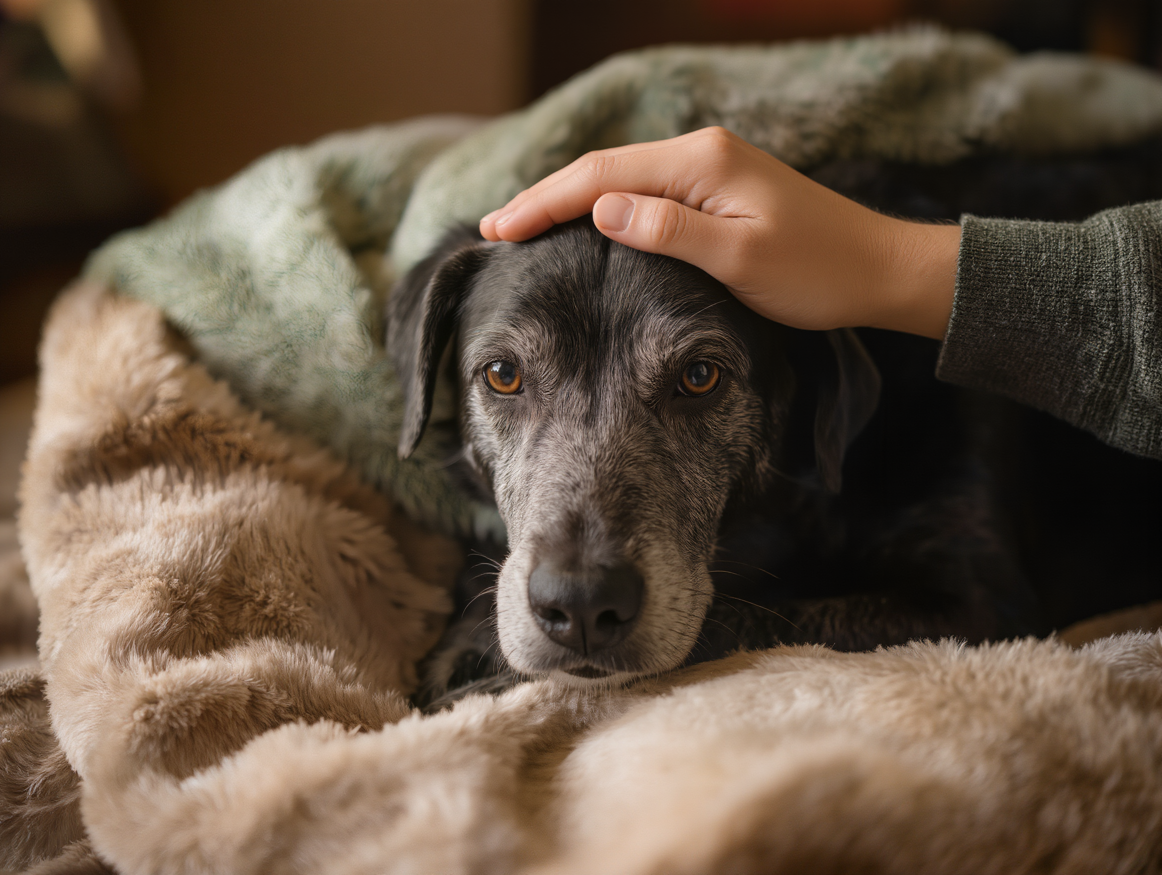 高齡犬安臥於毛毯上接受照護者輕撫